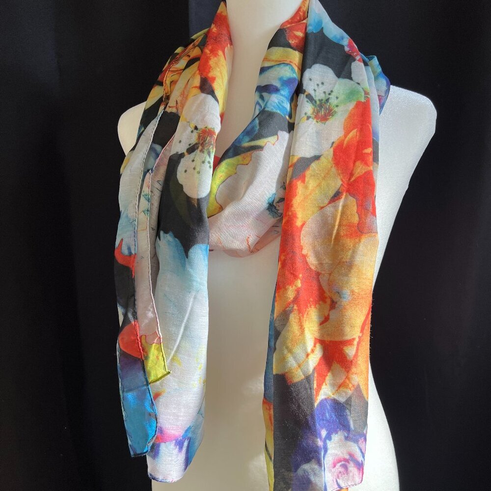 Cejon Scarf Elegant Rectangle Lightweight Rich Colors Floral Art To Wear 20 x 76